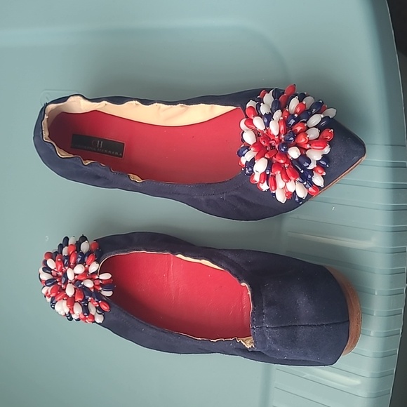 Carolina Herrera Blue Suede Red/White/Red Decorative Bow Flat Shoes Size 38/7.5 - Picture 5 of 8